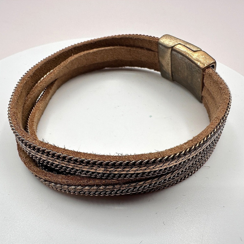 Vintage Y2K Gold Tone Leather Chain Wrapped‎ Bracelet Unisex Classic Jewelry